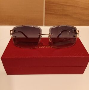 Cartier C decor Dark Wolf Gray Tint Gold Wire Diamond Cut Lens Rimless Glasses